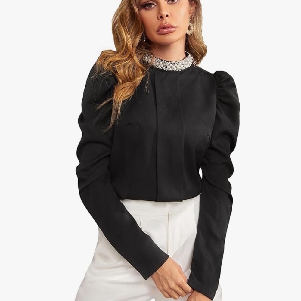 MakeMeChic Black Embellished Puff Sleeve Blouse #64